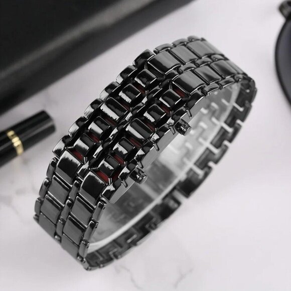 LED Digital Watch, Black & Red Stainless Steel Lava Style, Samurai Bracelet - Picture 5 of 9